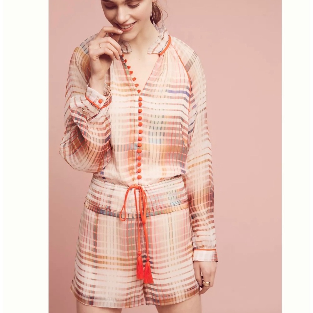 Adelyn Rae Small Grid Graphic Romper Sheer Belt Long Sleeve Preppy Anthropologie